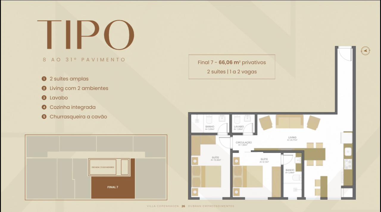 Planta Final 7 Villa Copenhagen — 2 suítes amplas, living com 2 ambientes, lavabo, cozinha integrada, churrasqueira a carvão. 66,06m² privativos, 1 a 2 vagas.