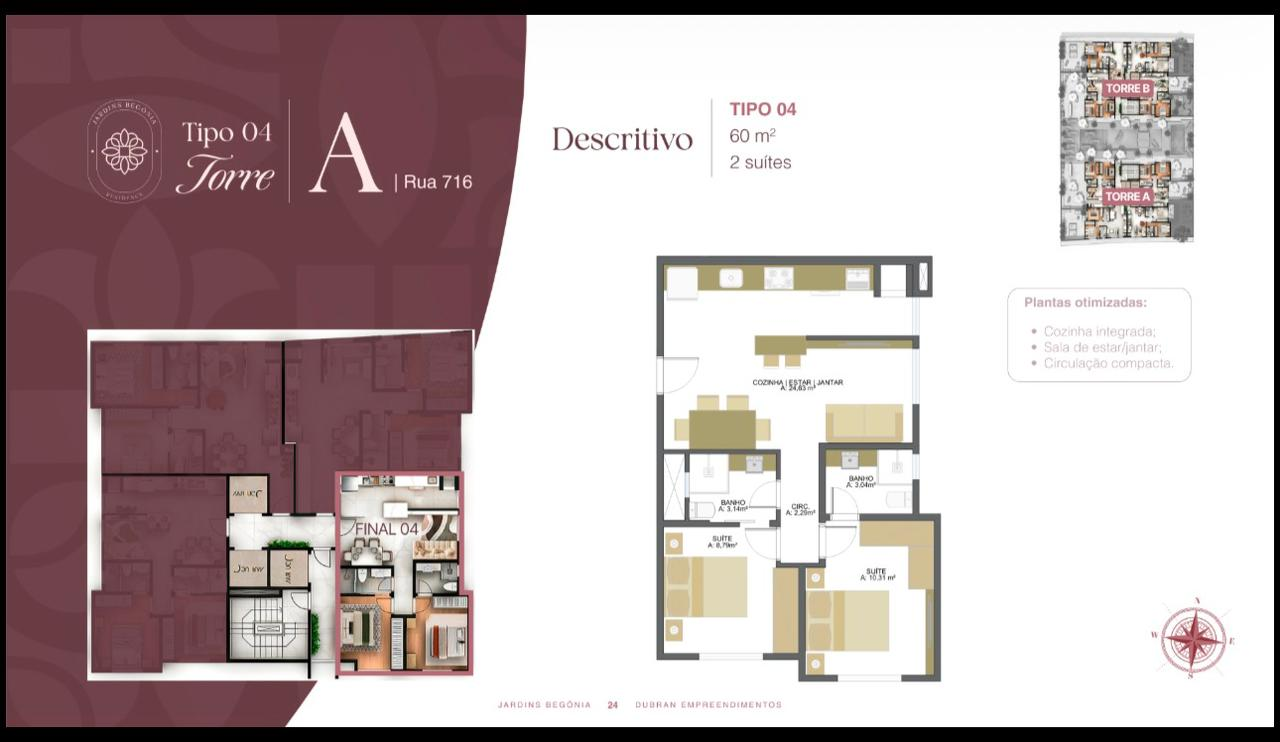 Planta · Jardins Begônia · Tipo 04 · Torre A · 60 m² · 2 suítes